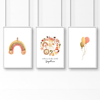 Safari Boho | Juego de 3 láminas de arte mural para habitación infantil 