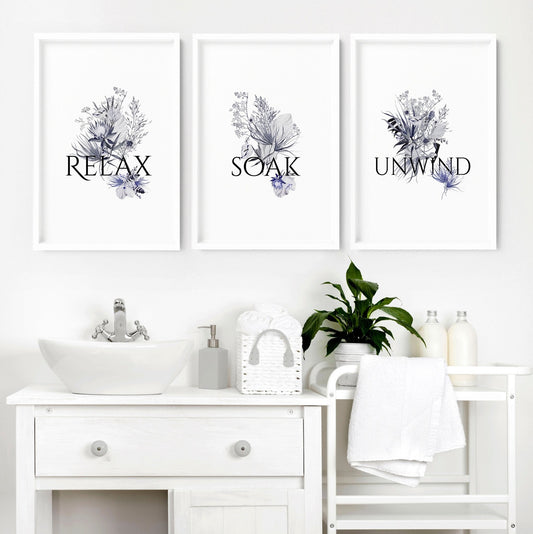 Relax, Soak and Unwind Bathroom Decor | Set of 3 Wall Art Prints