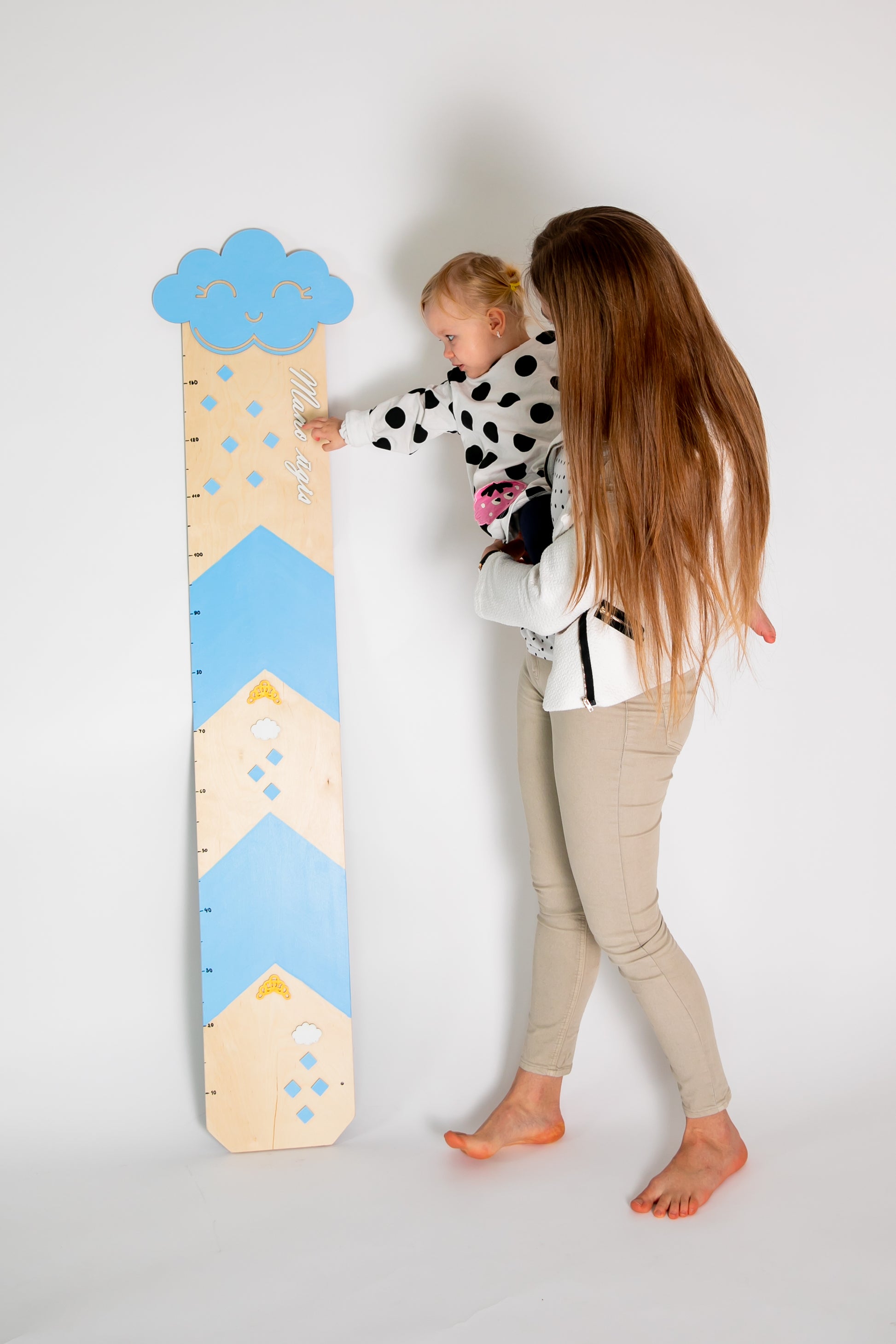 Light Blue Growth Chart for Kids – Cloud & Raindrop Design | Writable Height Chart Keepsake | Handmade in Lithuania