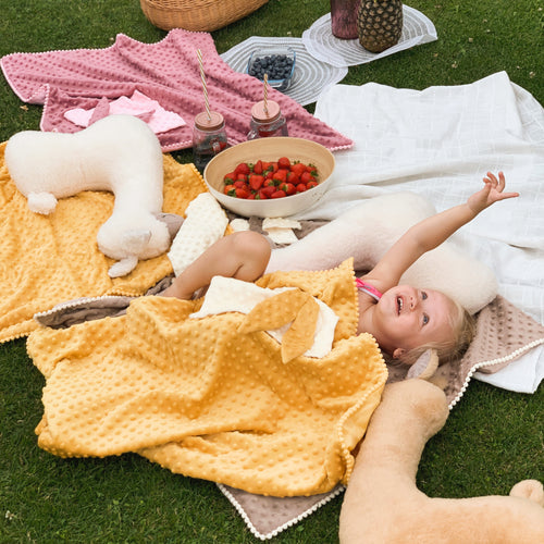2in1 Baby Blanket with Bunny Comforter – Mustard | Double-Sided Sensory Blanket | Handmade in Lithuania