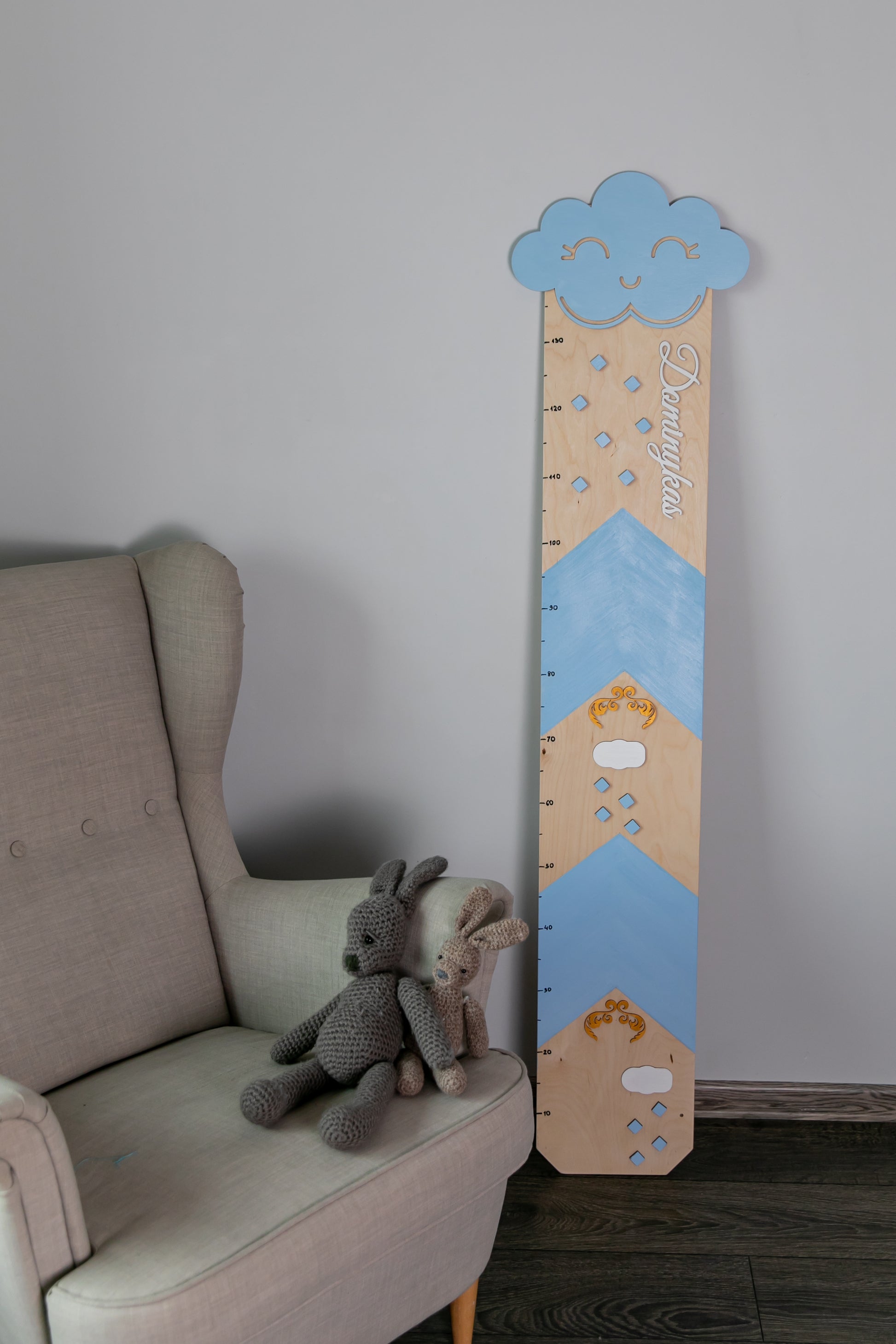 Light Blue Growth Chart for Kids – Cloud & Raindrop Design | Writable Height Chart Keepsake | Handmade in Lithuania