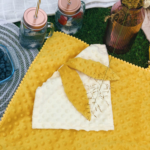 2in1 Baby Blanket with Bunny Comforter – Mustard | Double-Sided Sensory Blanket | Handmade in Lithuania