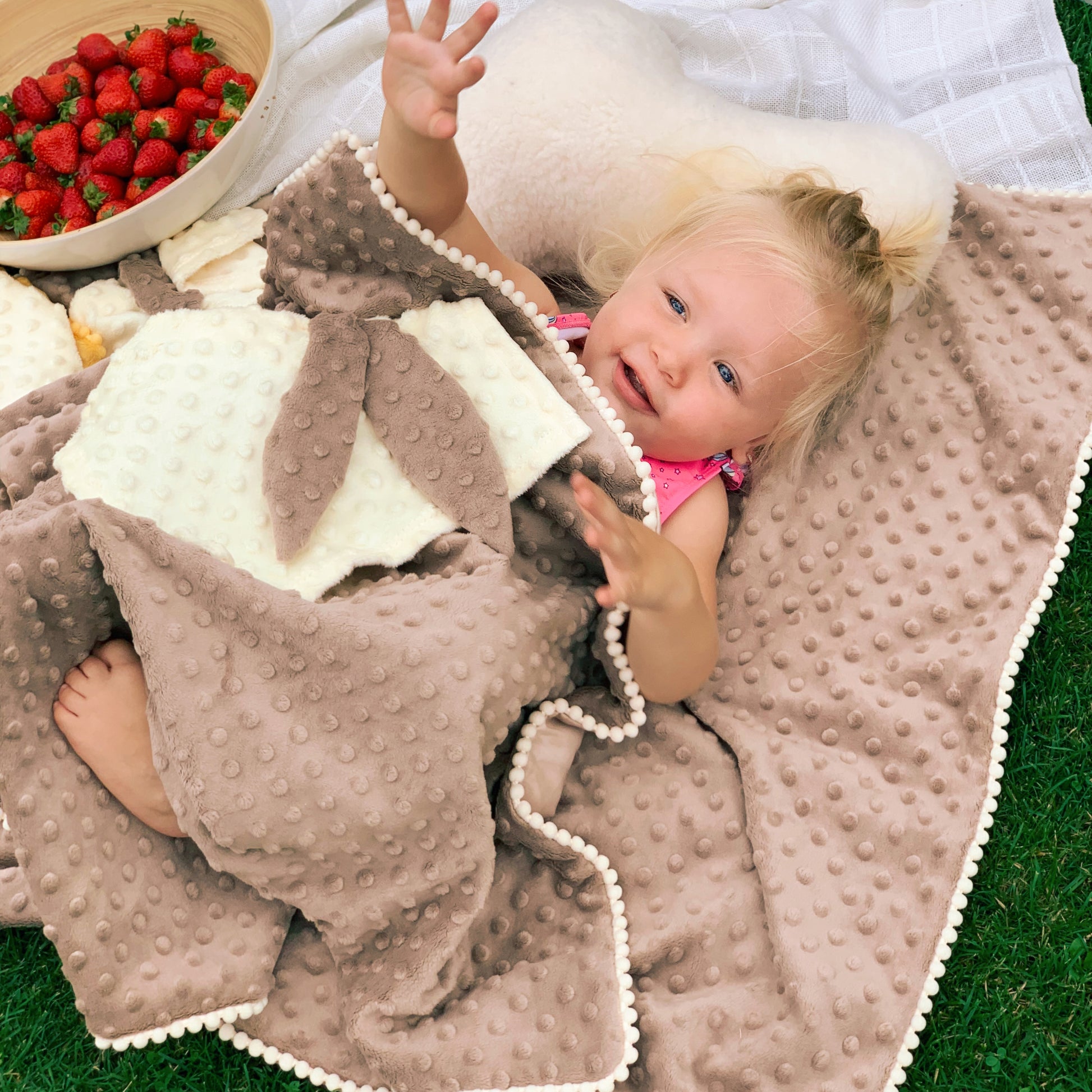 2in1 Baby Blanket with Bunny Security Toy – Cappuccino | Double-Sided, Sensory Comfort | Handmade in Lithuania
