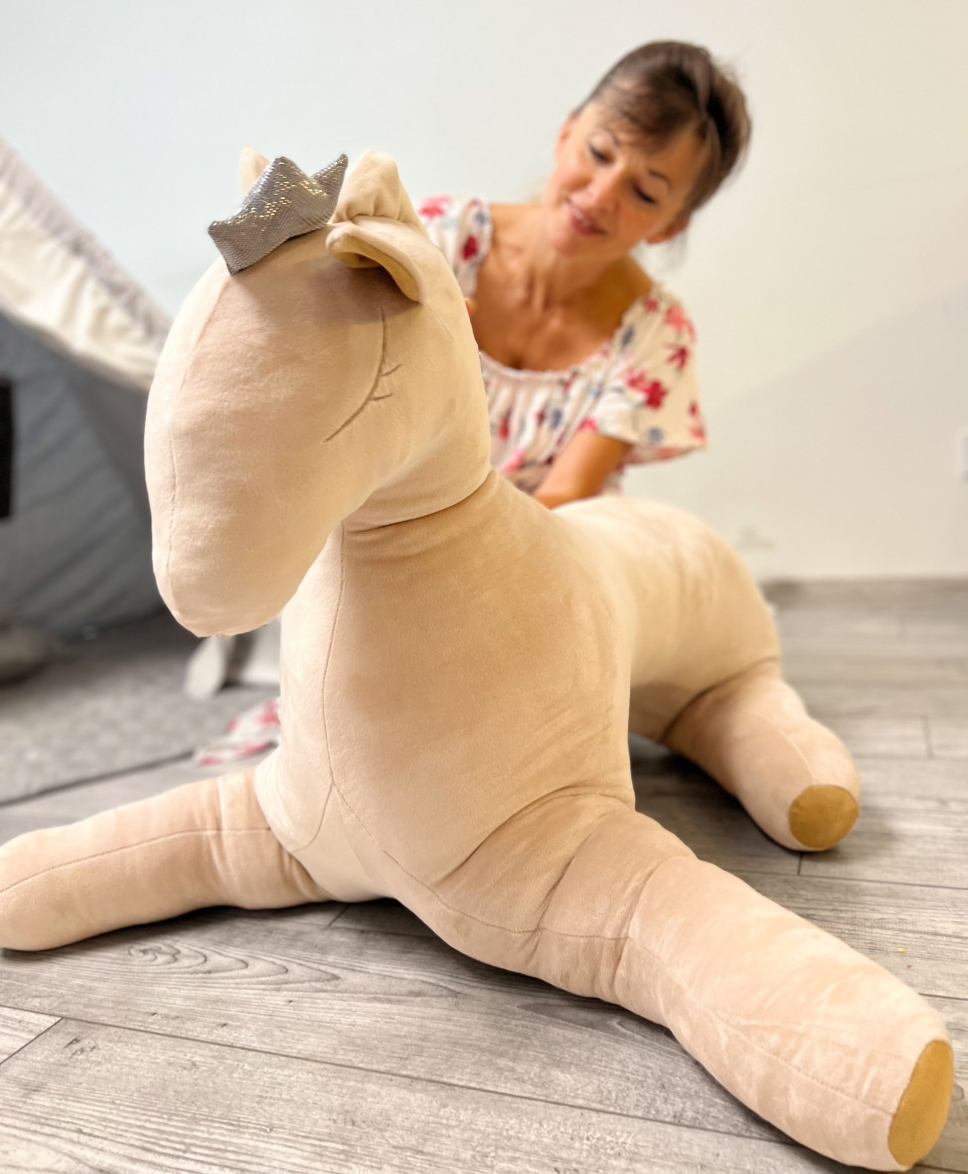 XXL Wingless Pegasus Soft Toy – 90cm Cappuccino Velvet Nursery Decor | Handmade Guardian Gift | Crown Detail