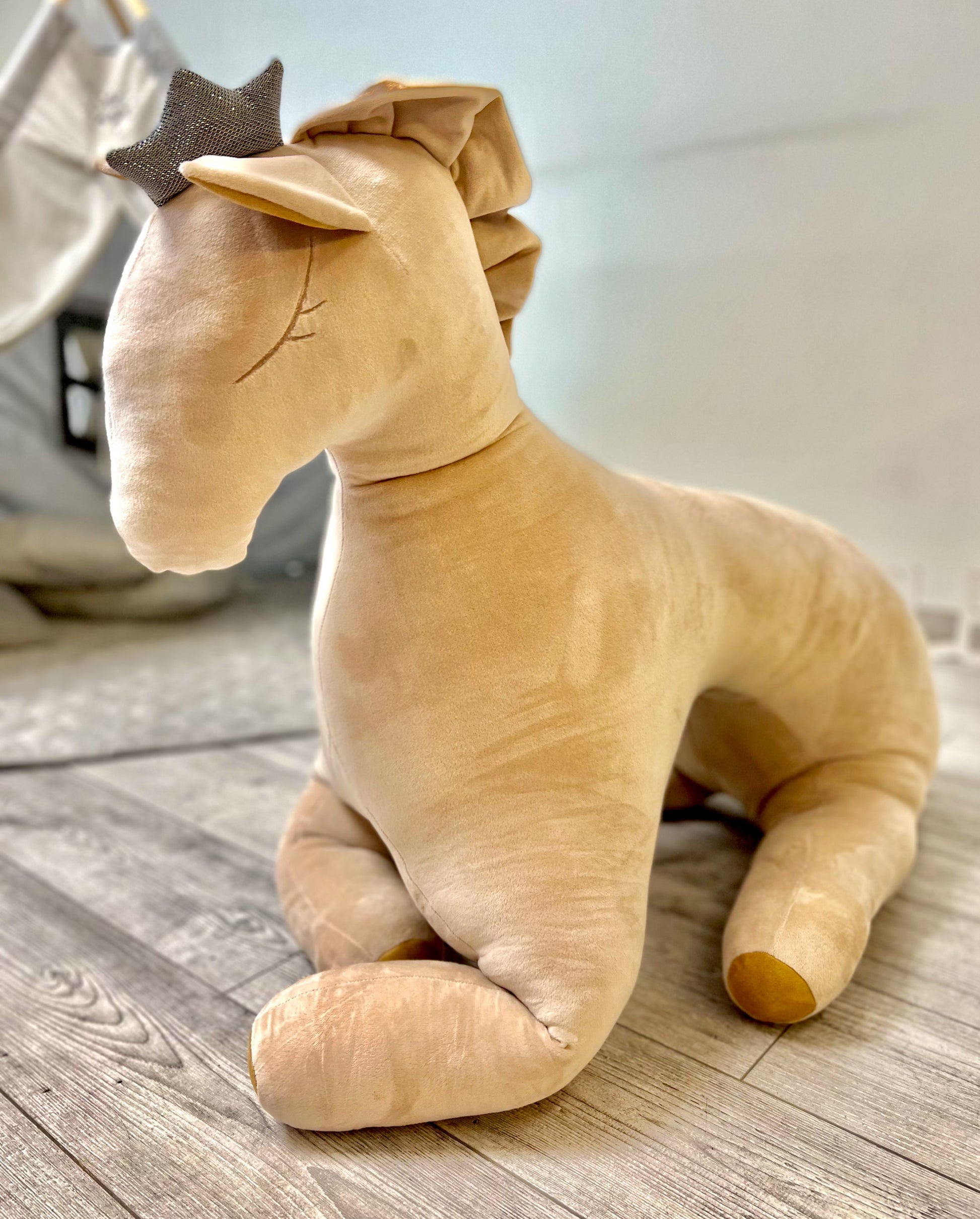 XXL Wingless Pegasus Soft Toy – 90cm Cappuccino Velvet Nursery Decor | Handmade Guardian Gift | Crown Detail