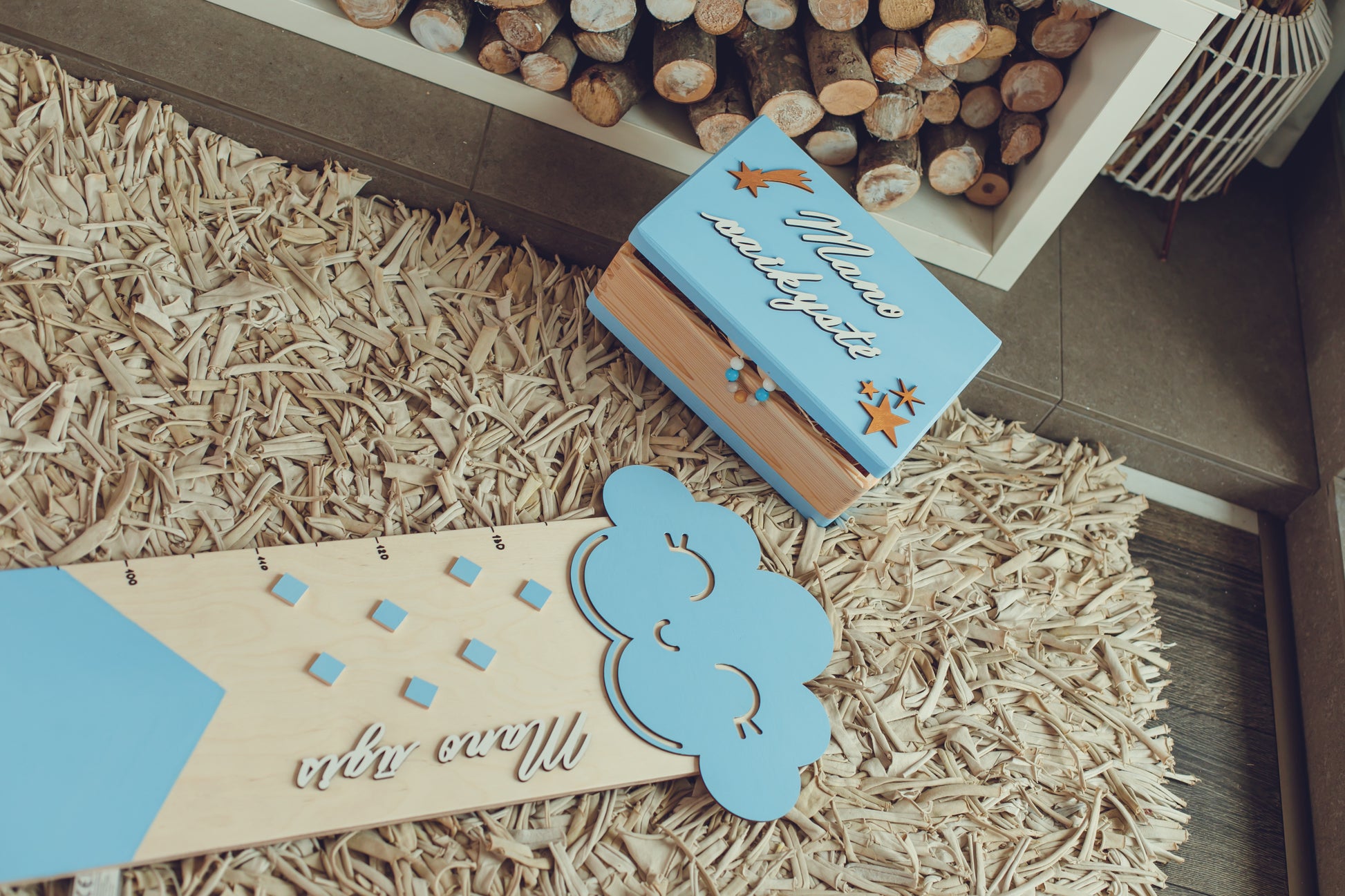 Light Blue Growth Chart for Kids – Cloud & Raindrop Design | Writable Height Chart Keepsake | Handmade in Lithuania