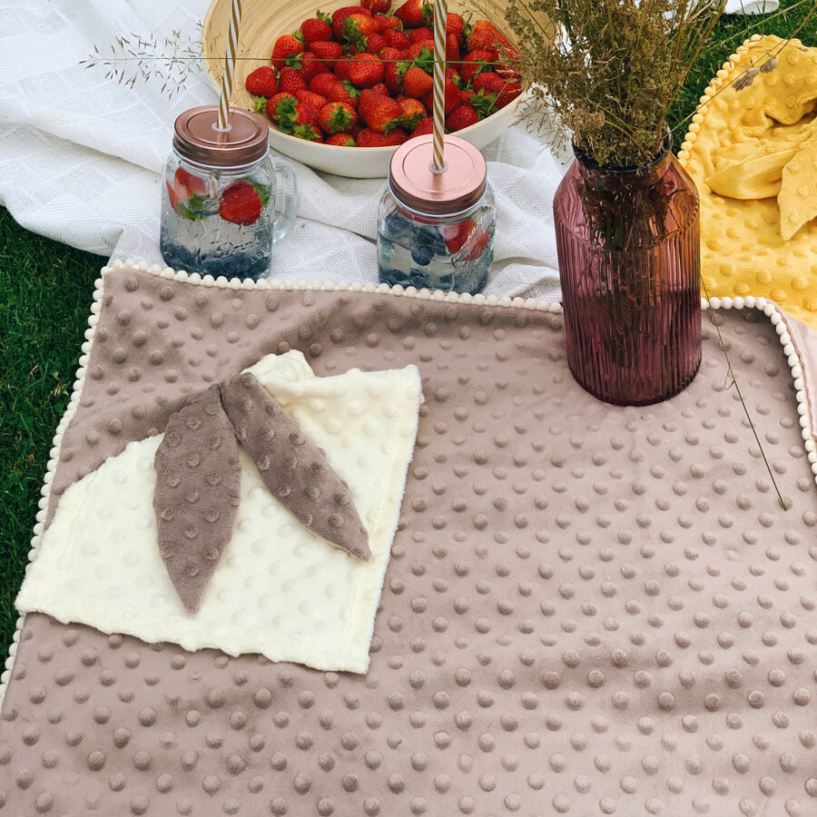 2in1 Baby Blanket with Bunny Security Toy – Cappuccino | Double-Sided, Sensory Comfort | Handmade in Lithuania