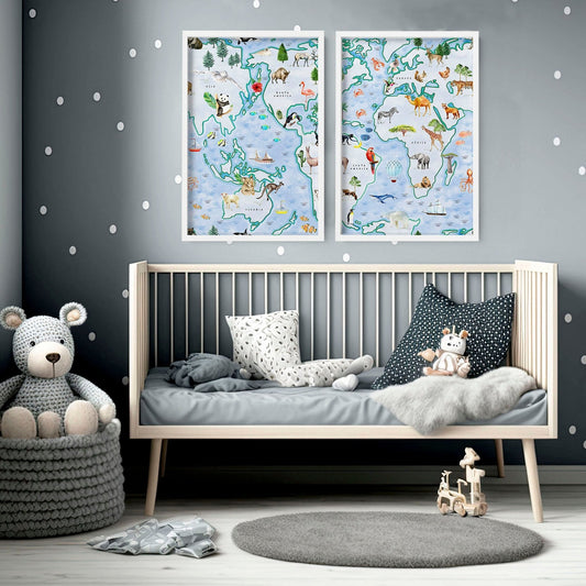 Children’s World Map Art | Set of 2 Educational Nursery Prints