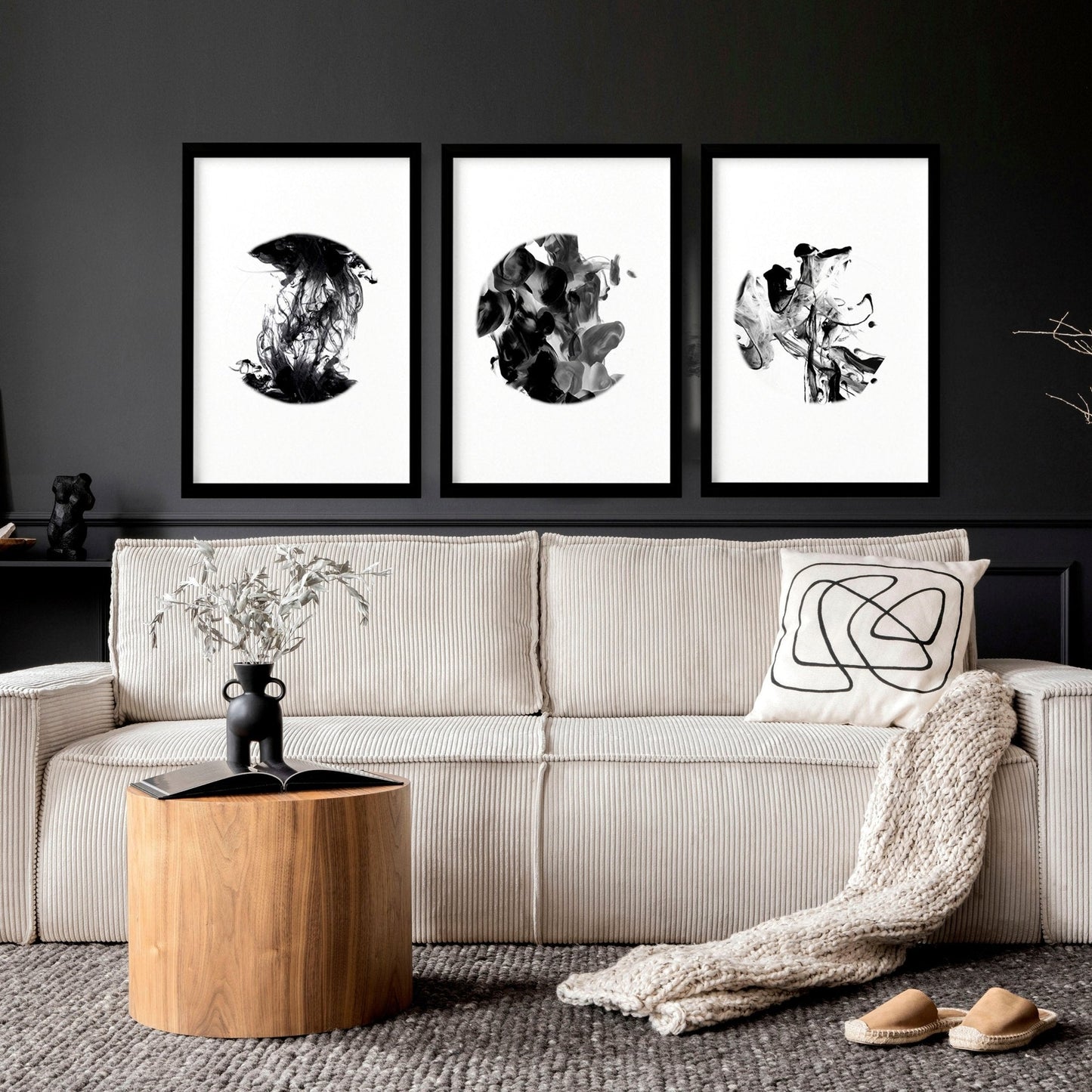 Movimiento monocromático | Conjunto de 3 láminas minimalistas para pared