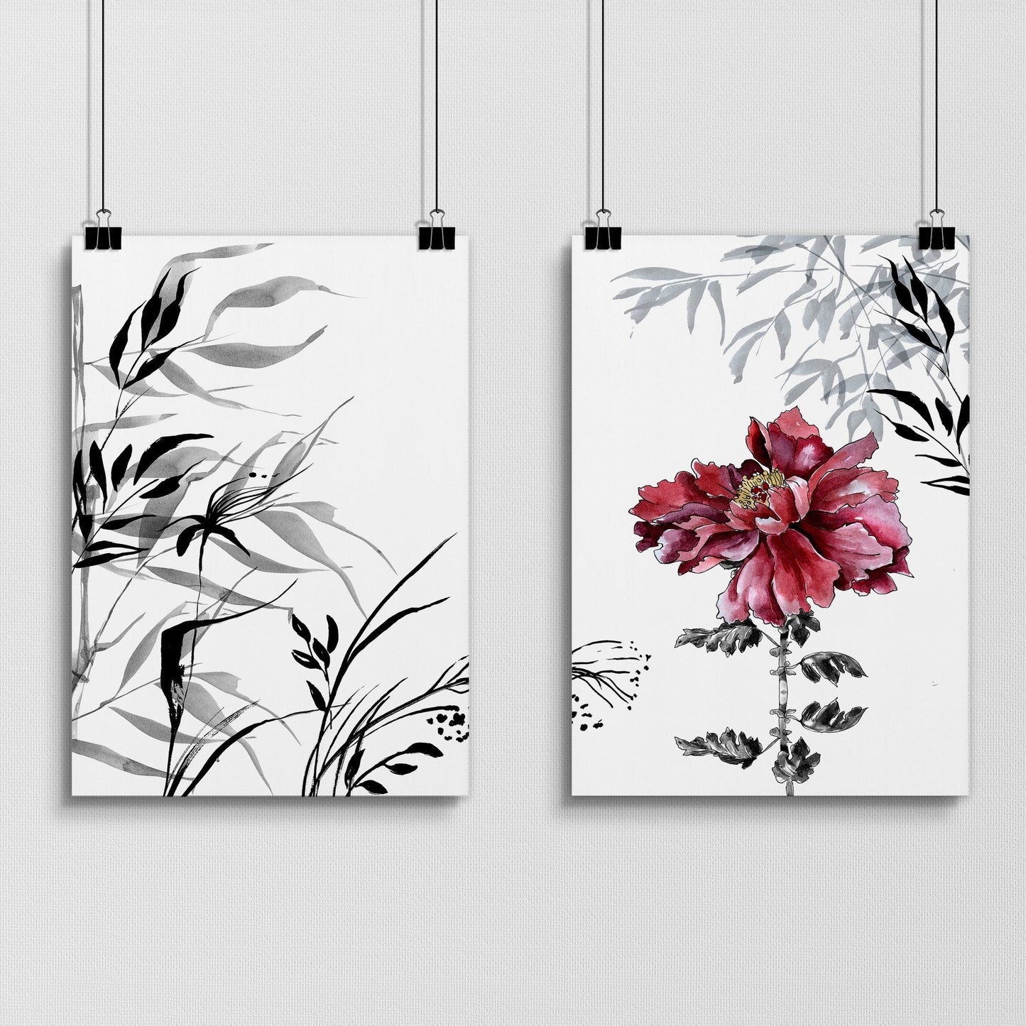 Crimson Bloom | 2er-Set gerahmte Pfingstrosen-Wandkunstdrucke