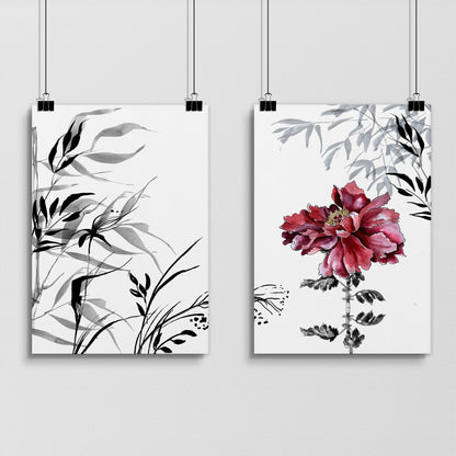 Crimson Bloom | 2er-Set gerahmte Pfingstrosen-Wandkunstdrucke