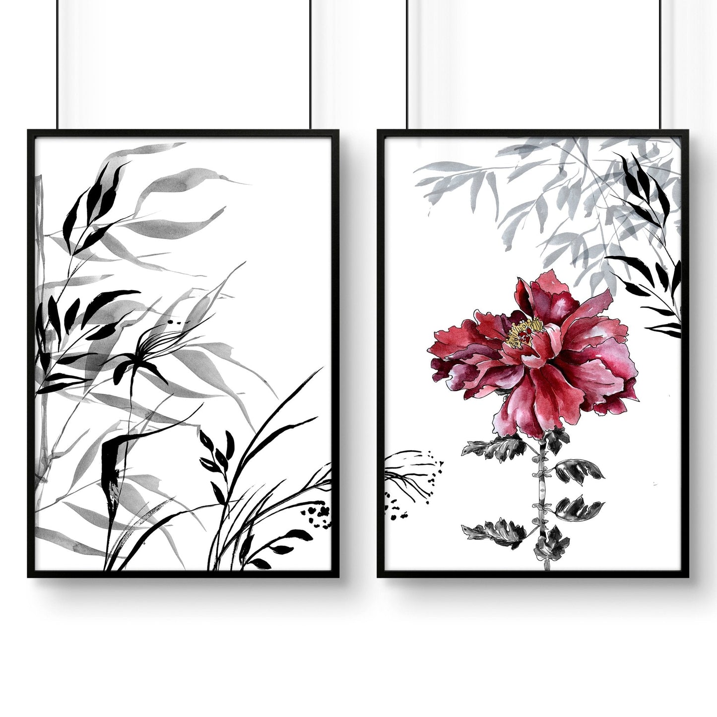 Crimson Bloom | 2er-Set gerahmte Pfingstrosen-Wandkunstdrucke