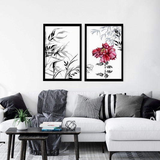 Crimson Bloom | 2er-Set gerahmte Pfingstrosen-Wandkunstdrucke