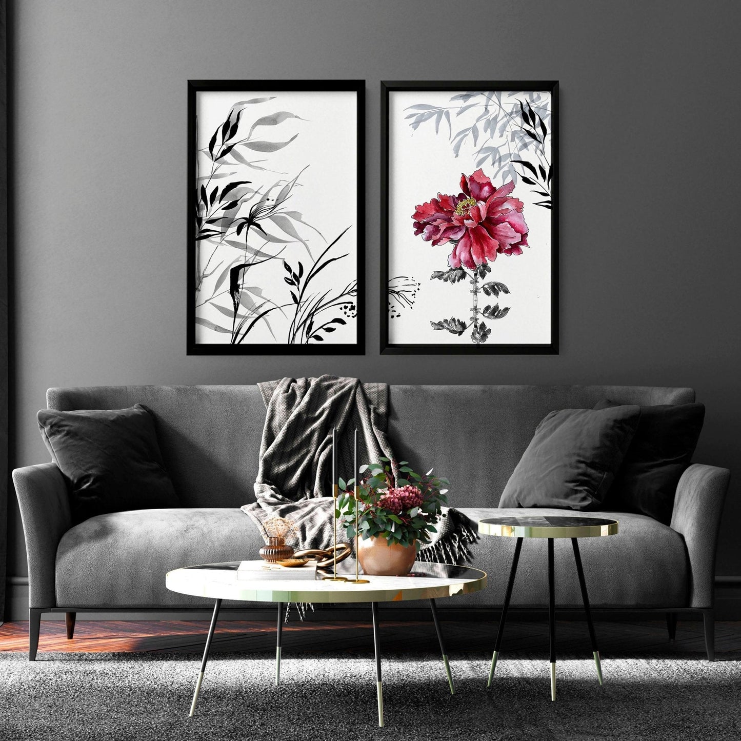 Crimson Bloom | 2er-Set gerahmte Pfingstrosen-Wandkunstdrucke
