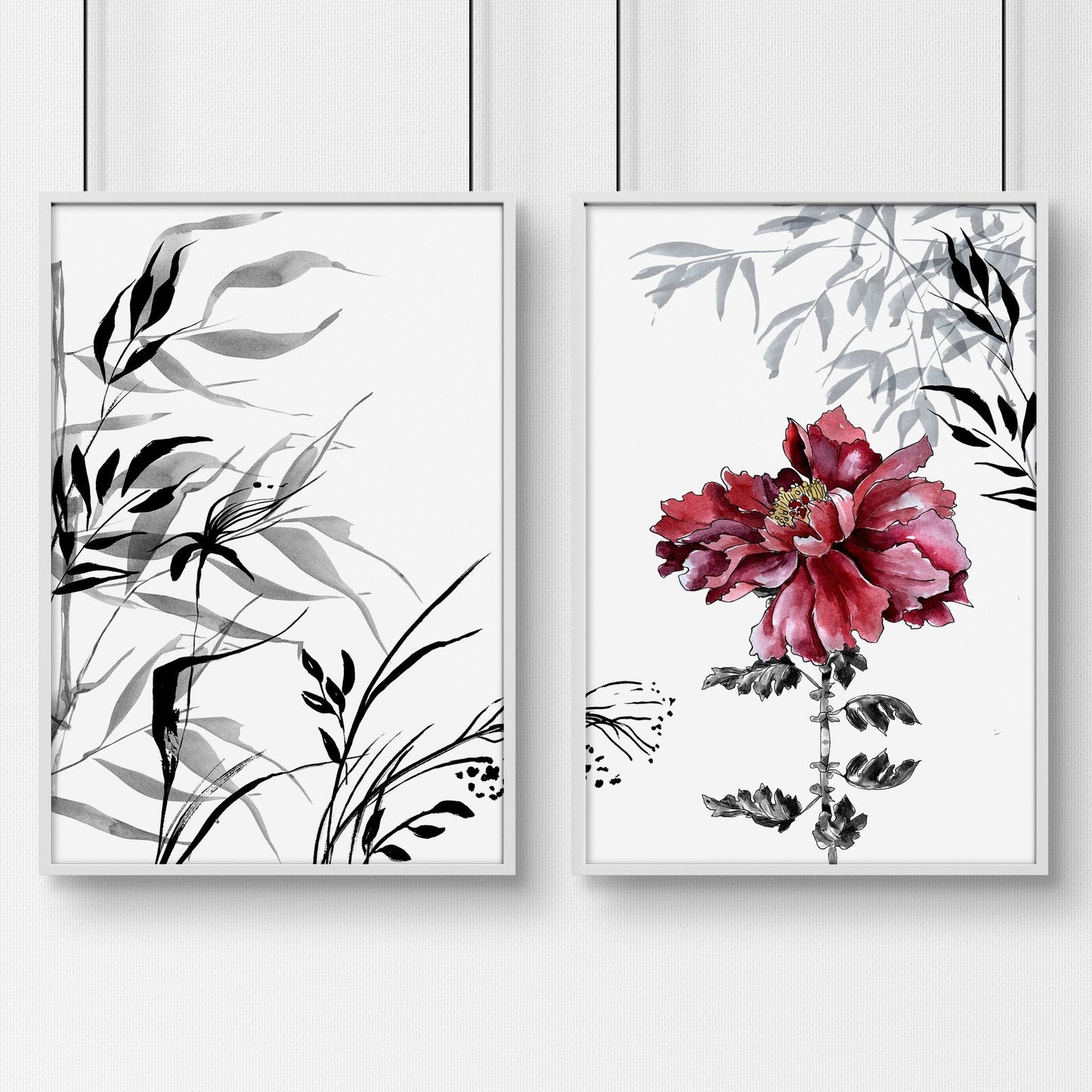 Crimson Bloom | 2er-Set gerahmte Pfingstrosen-Wandkunstdrucke