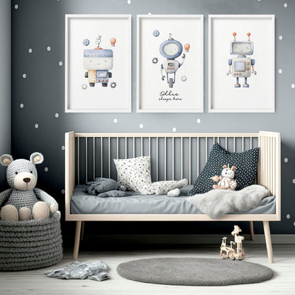 Robots Nursery Wall Art | Set of 3 Prints for Boys' Room