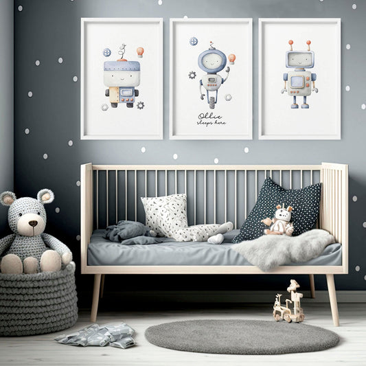 Robots Nursery Wall Art | Set of 3 Prints for Boys' Room
