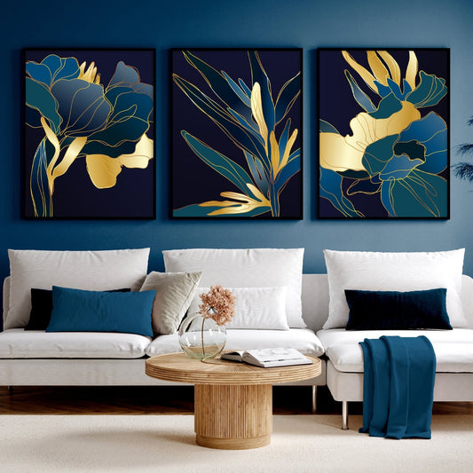 Grünes Licht | 3er-Set blaugrüne botanische Wandkunstdrucke für das Wohnzimmer