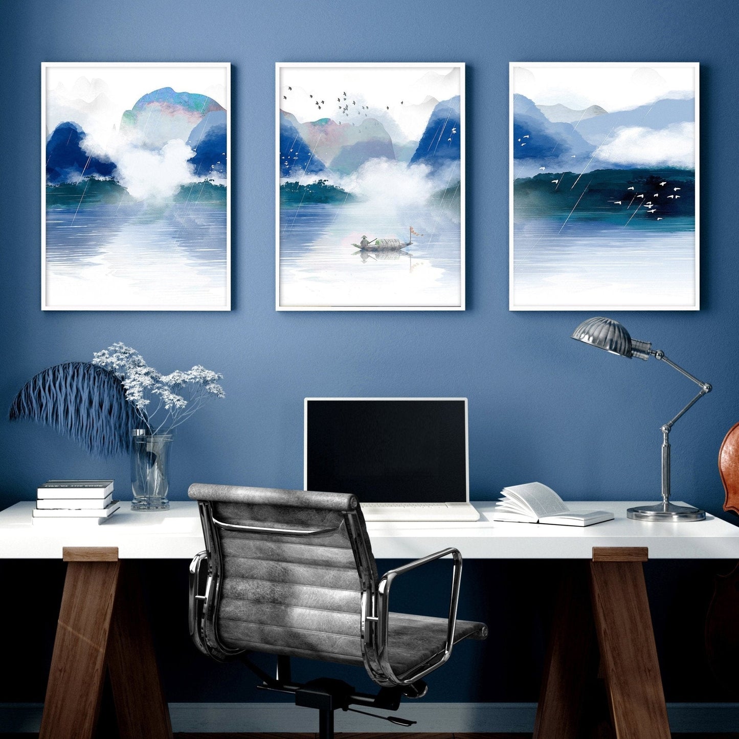 Blue Quiet | Set of 3 Japanese Landscape Wall Art Prints for the Office