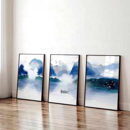 Blue Quiet | Set of 3 Japanese Landscape Wall Art Prints for the Office