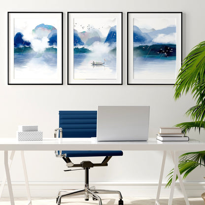 Blue Quiet | Set of 3 Japanese Landscape Wall Art Prints for the Office