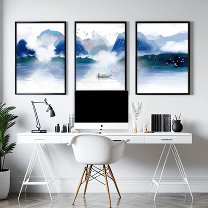 Blue Quiet | Set of 3 Japanese Landscape Wall Art Prints for the Office