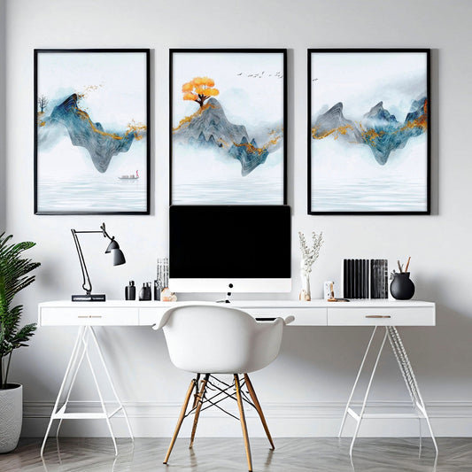 Still Focus | Set of 3 Zen Japanese Landscape Wall Art Prints for the Office